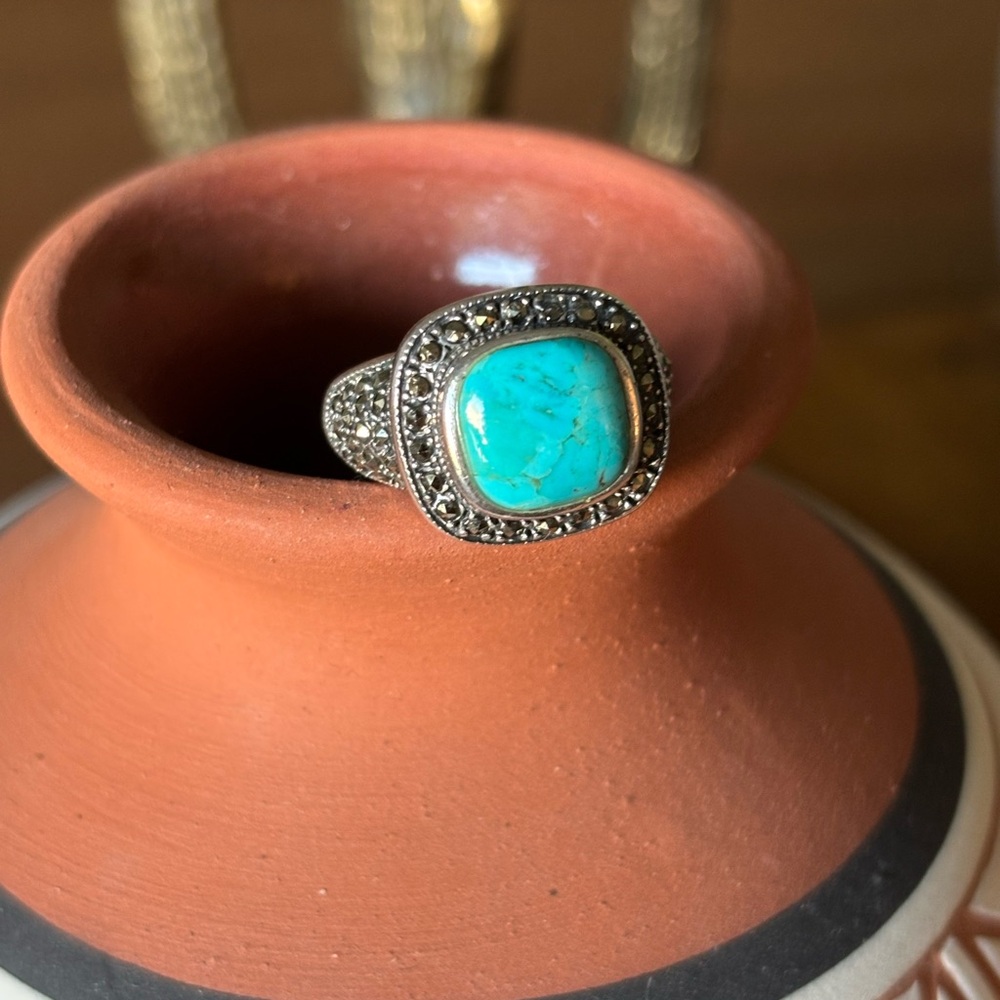 Sterling Silver Turquoise Ring Square Turquoise R… - image 1